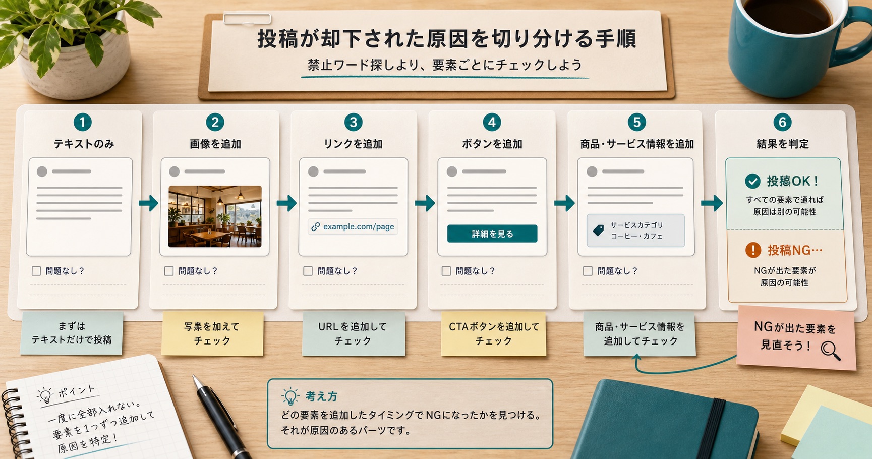 投稿を本文、画像、リンク、ボタンに分けて不承認原因を切り分ける作業画面