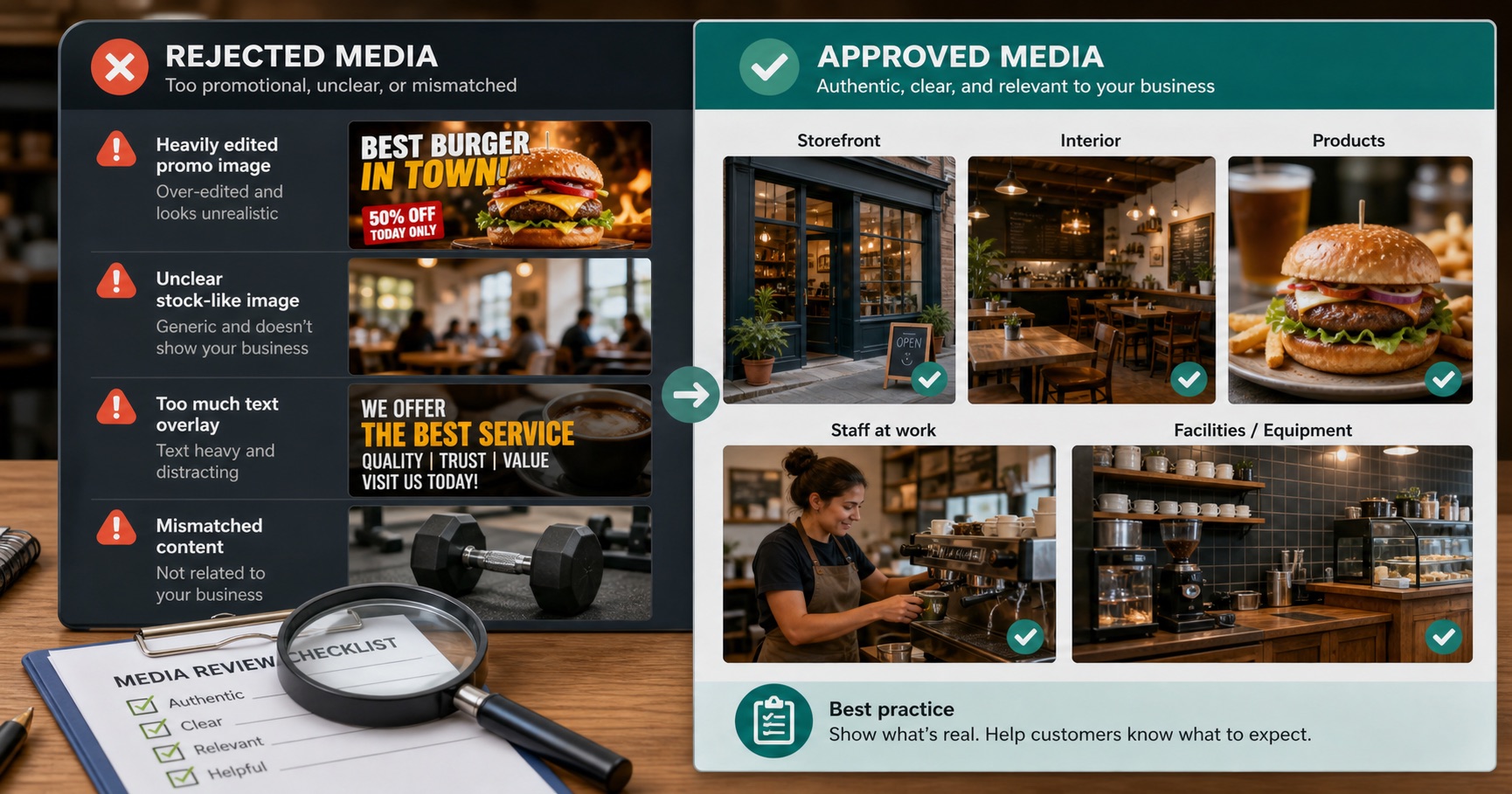 投稿用の画像と動画を店舗の実態が伝わる素材へ見直すレビュー画面