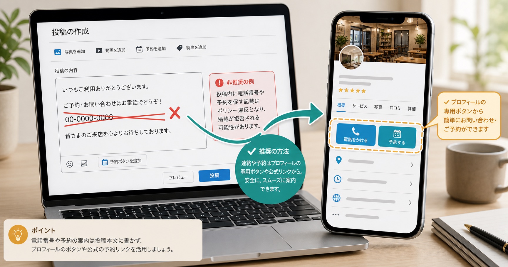 電話番号を本文から外しプロフィールの通話ボタンと予約導線へ整理する画面