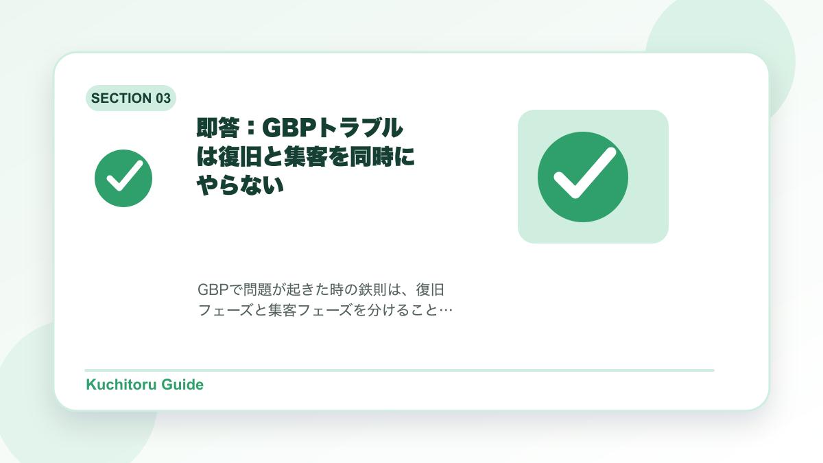 即答：GBPトラブルは復旧と集客を同時にやらないの要点図解