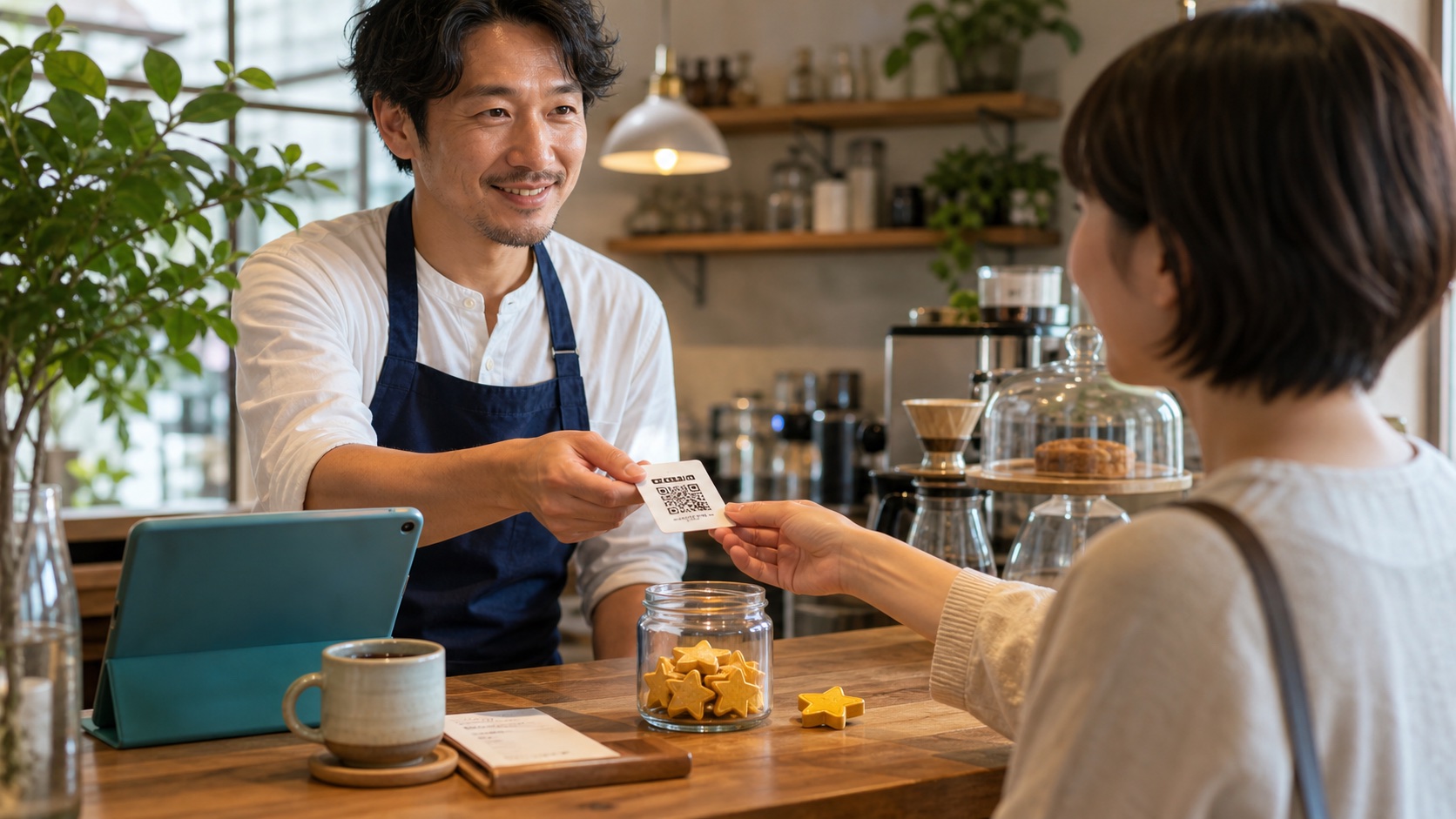 QRカードを使って自然に口コミ投稿を案内する店舗イメージ