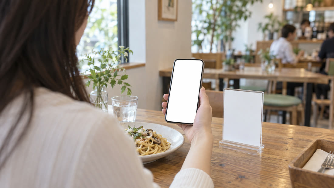 卓上のQRコードをスマートフォンで読み取る様子